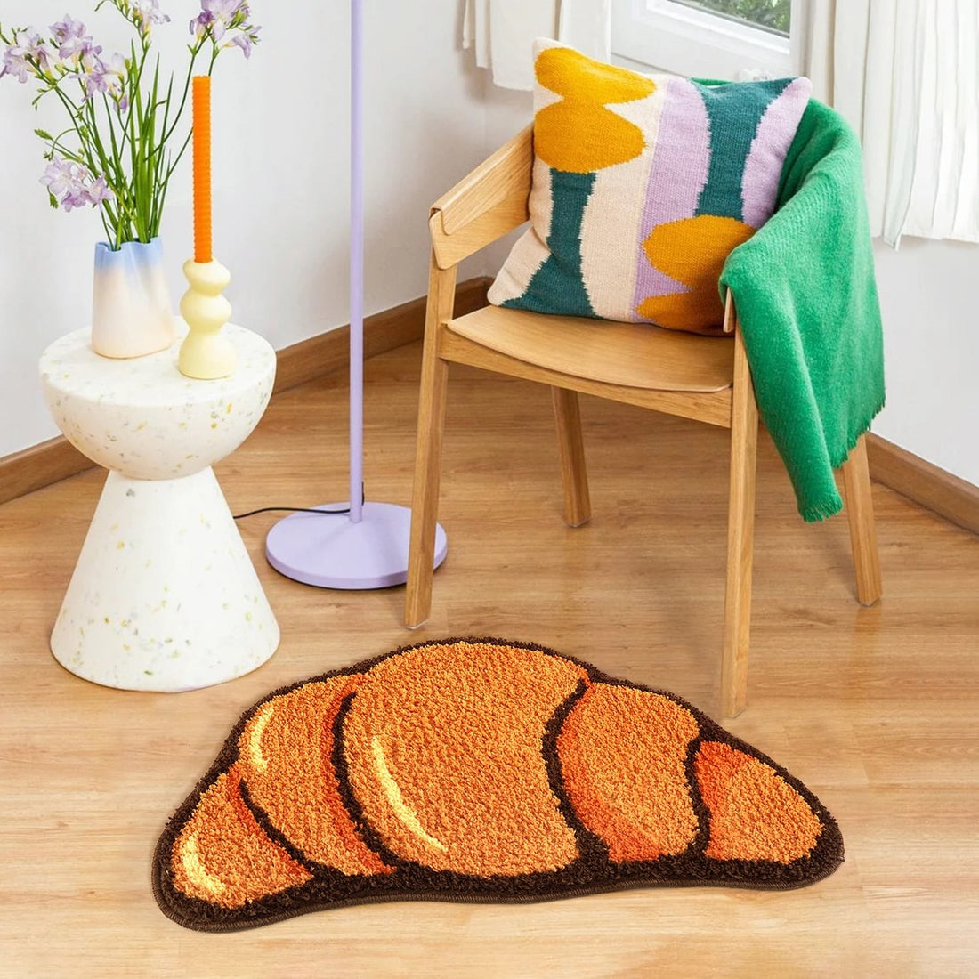 cute aesthetic kawaii croissant shaped tufted accent rug roomtery