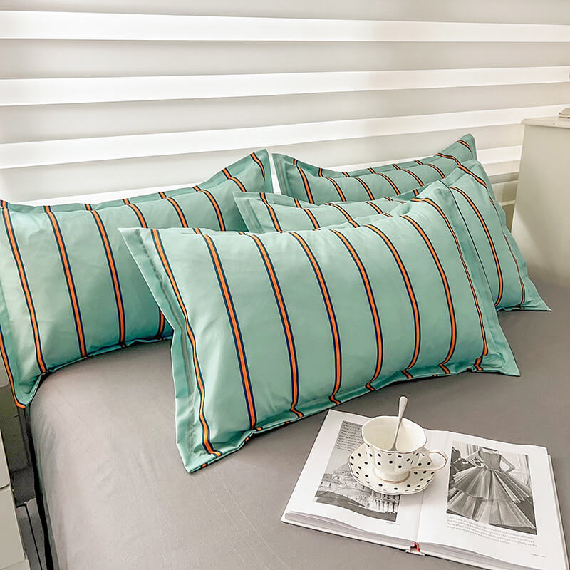 cute aesthetic bedding set in turquoise color with orange stripes roomtery