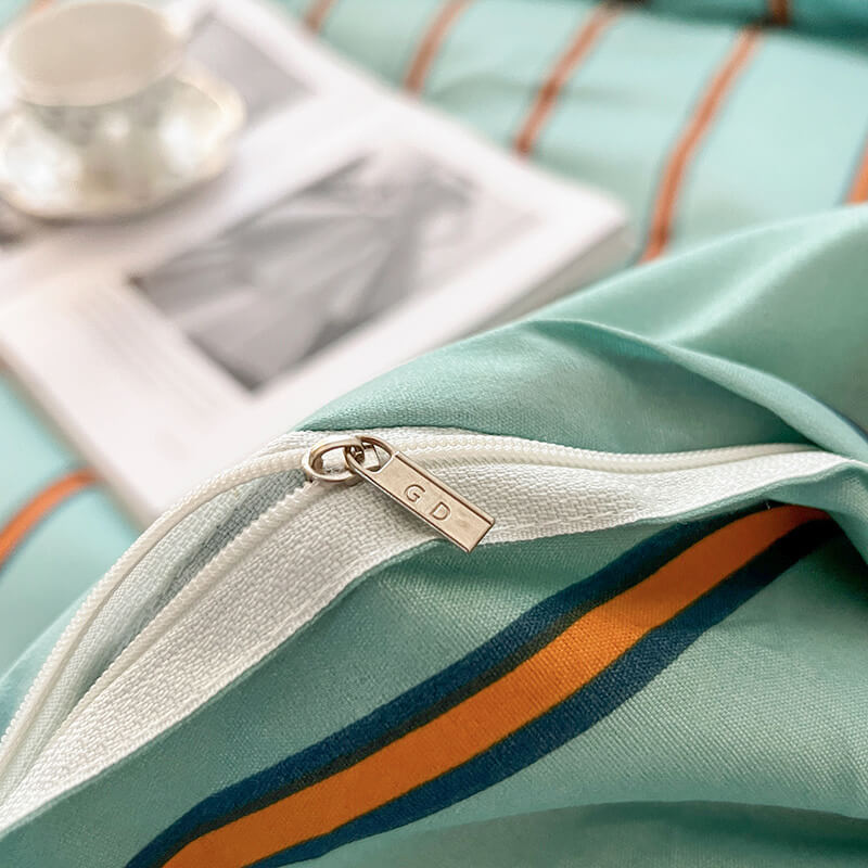 cute aesthetic bedding set in turquoise color with orange stripes roomtery