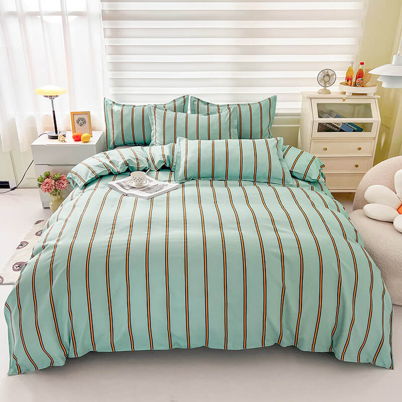 cute aesthetic bedding set in turquoise color with orange stripes roomtery