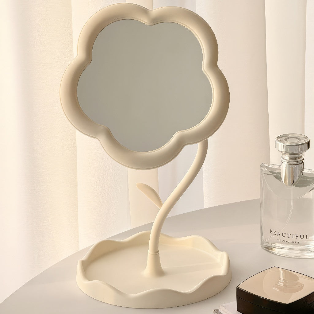 aesthetic flower shaped pastel makeup table mirror with storage tray roomtery