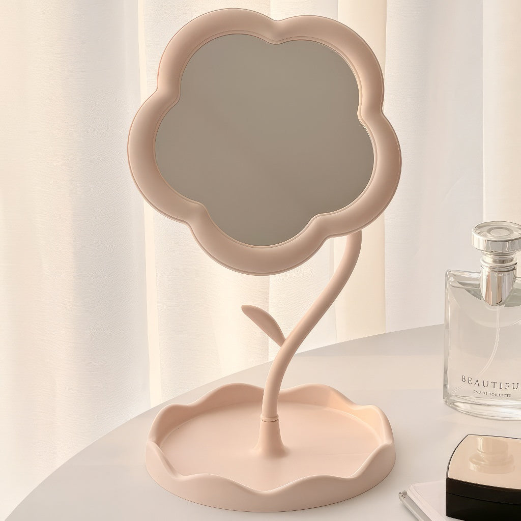 aesthetic flower shaped pastel makeup table mirror with storage tray roomtery