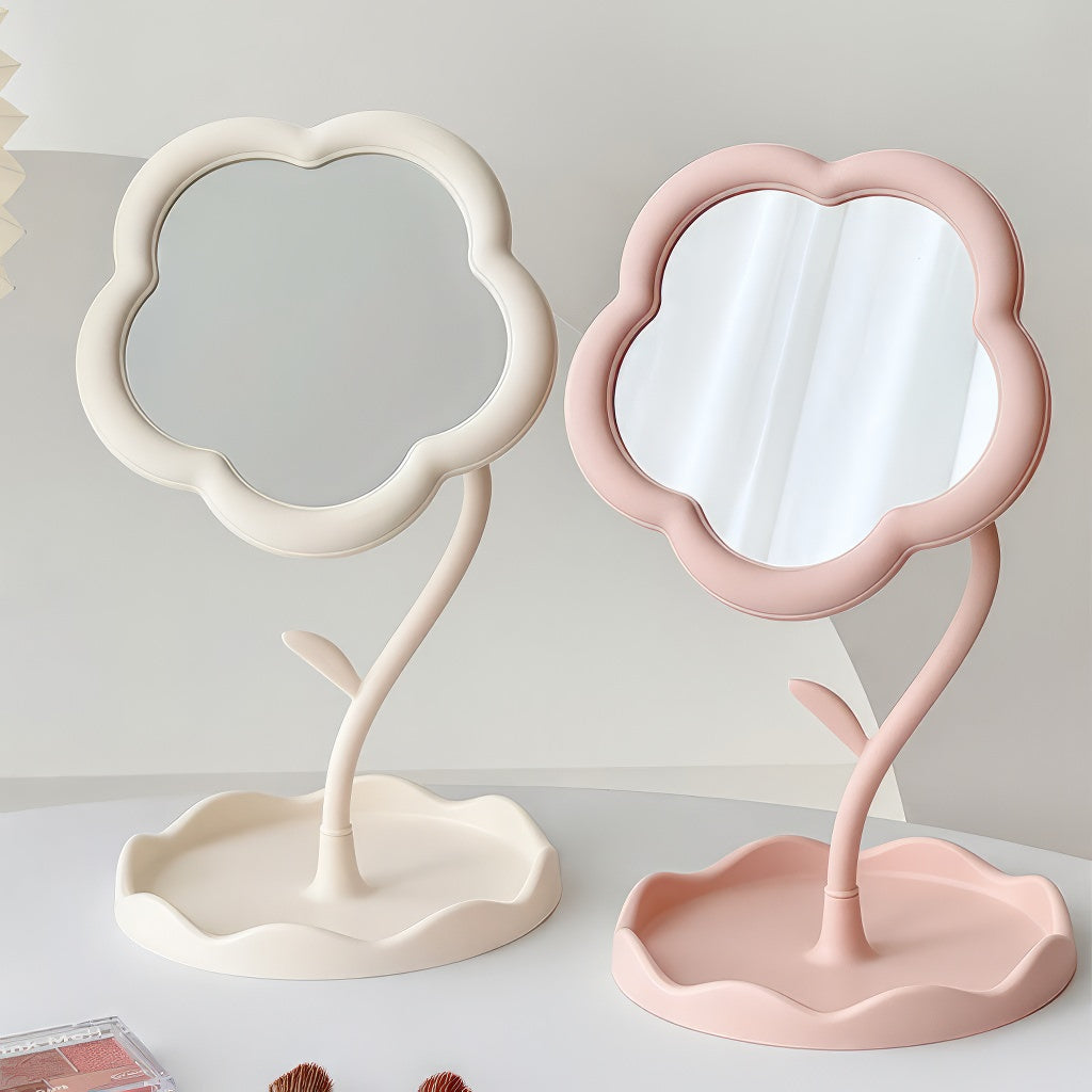 aesthetic flower shaped pastel makeup table mirror with storage tray roomtery