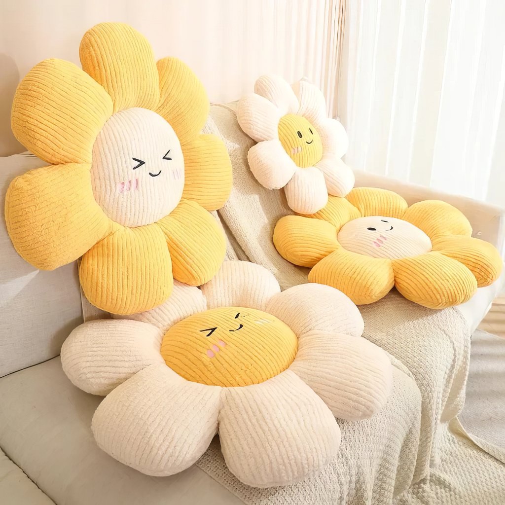 kawaii aesthetic daisy flower shaped decorative throw pillow with cute embroidered face