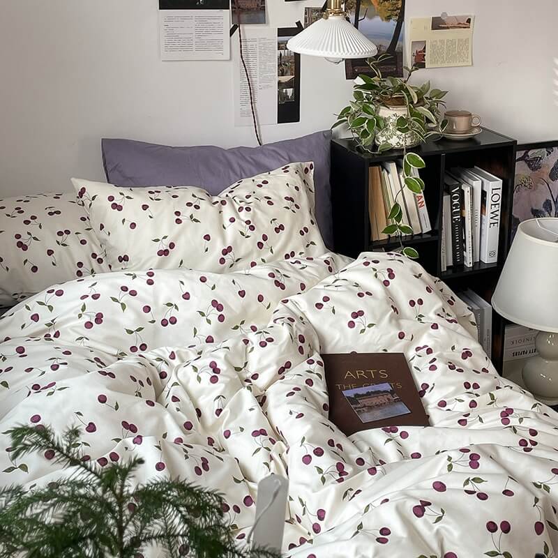 cute purple cherries print pattern duvet cover and pillowcase with purple bedsheets bedding set