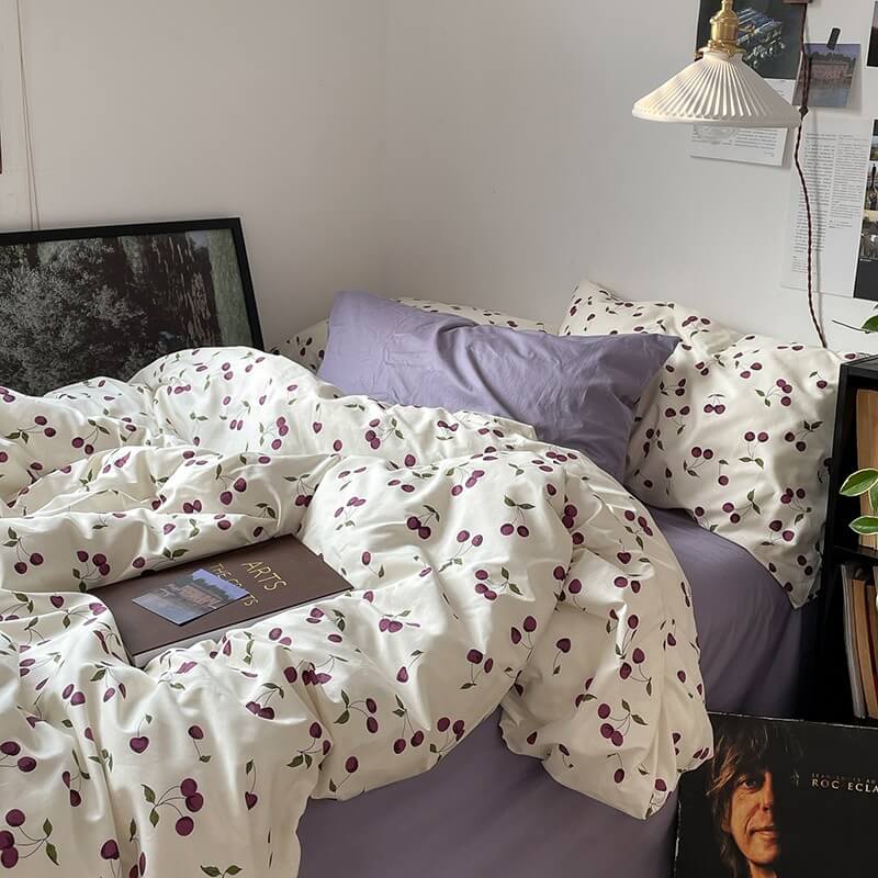 cute purple cherries print pattern duvet cover and pillowcase with purple bedsheets