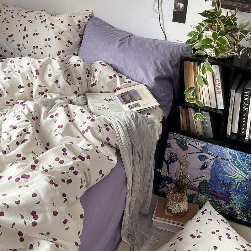 cute purple cherries print pattern duvet cover and pillowcase with purple bedsheets bedding set
