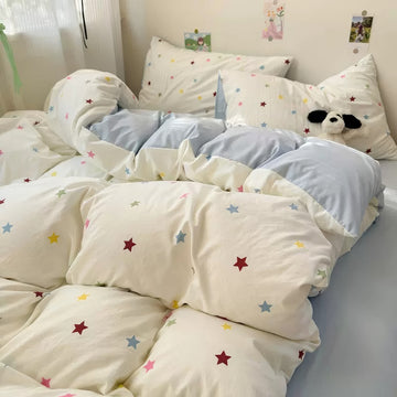 kawaii colorful stars pattern print cute bedding set in light blue and creamy shades