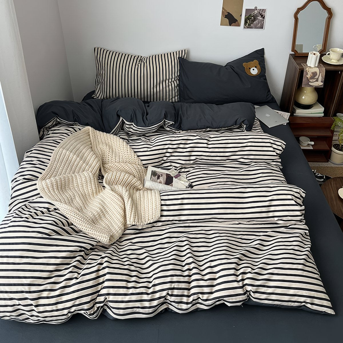horizontally striped navy and cream bedding duvet cover set