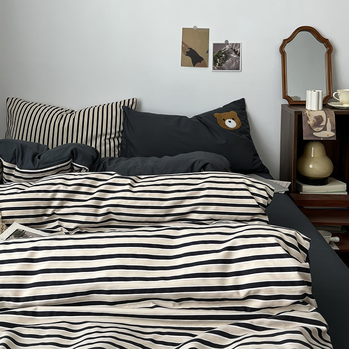 horizontally striped navy and cream bedding duvet cover set