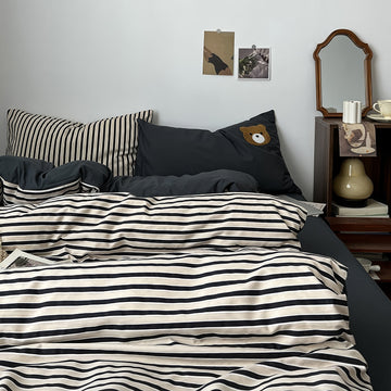 horizontally striped navy and cream bedding duvet cover set