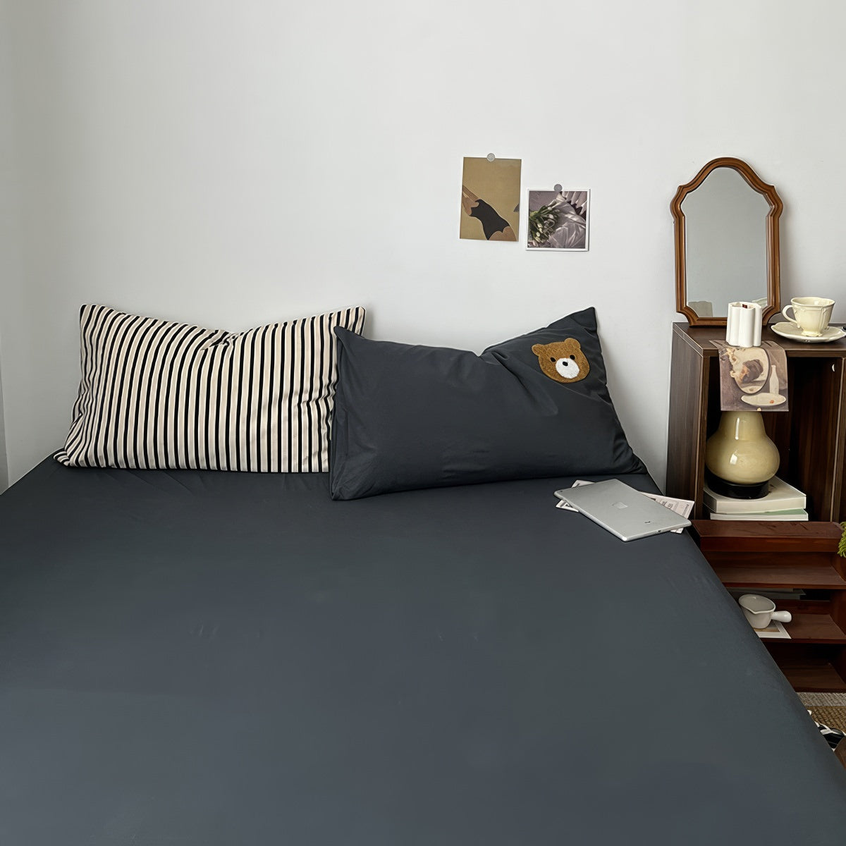horizontally striped navy and cream bedding duvet cover set