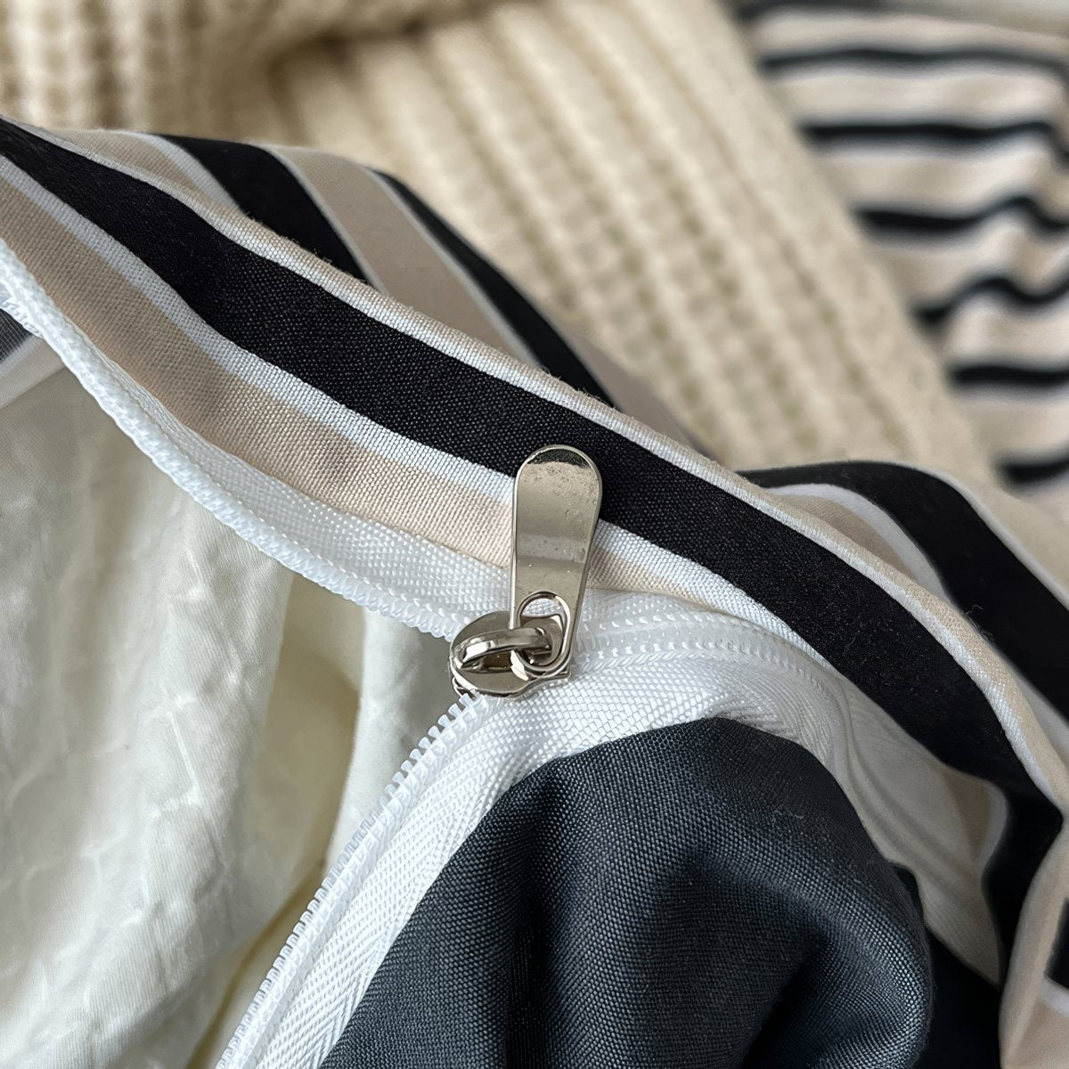 horizontally striped navy and cream bedding duvet cover set