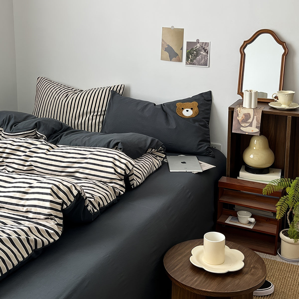 horizontally striped navy and cream bedding duvet cover set