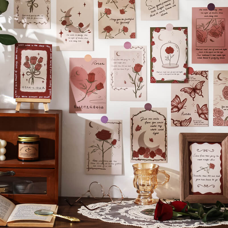 vintage pale roses prints wall collage postcards set roomtery