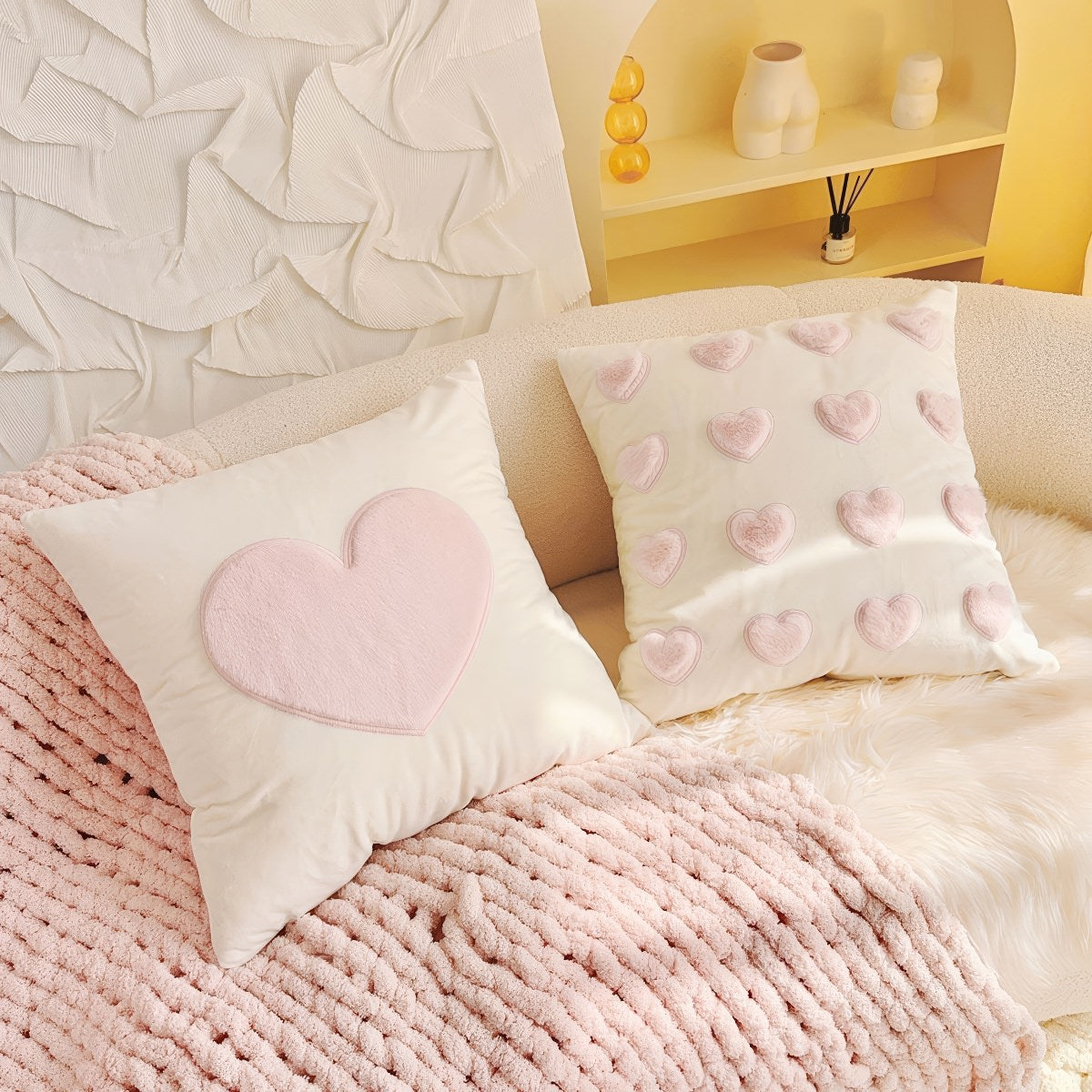 cute coquette aesthetic plush throw cushion covers with plush hearts