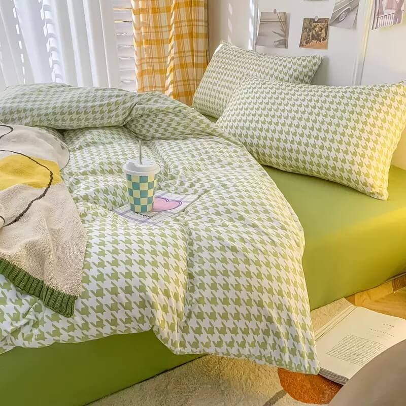 korean style aesthetic bedding set with dogtooth check pattern print yellow