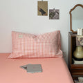 dusty peachy pink color classic gingham pattern print aesthetic bedding duvet cover set