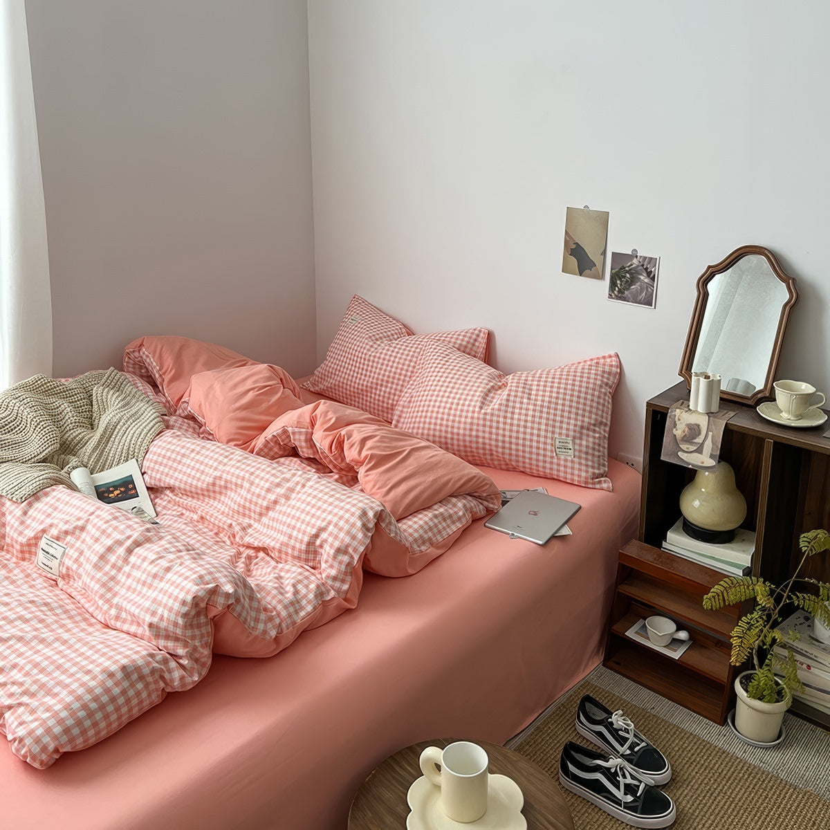 dusty peachy pink color classic gingham pattern print aesthetic bedding duvet cover set