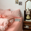dusty peachy pink color classic gingham pattern print aesthetic bedding duvet cover set