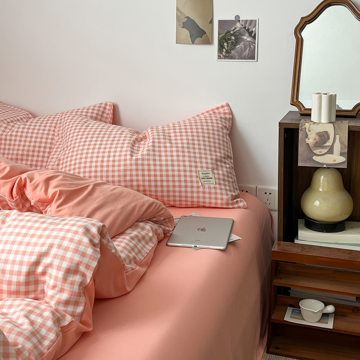 dusty peachy pink color classic gingham pattern print aesthetic bedding duvet cover set