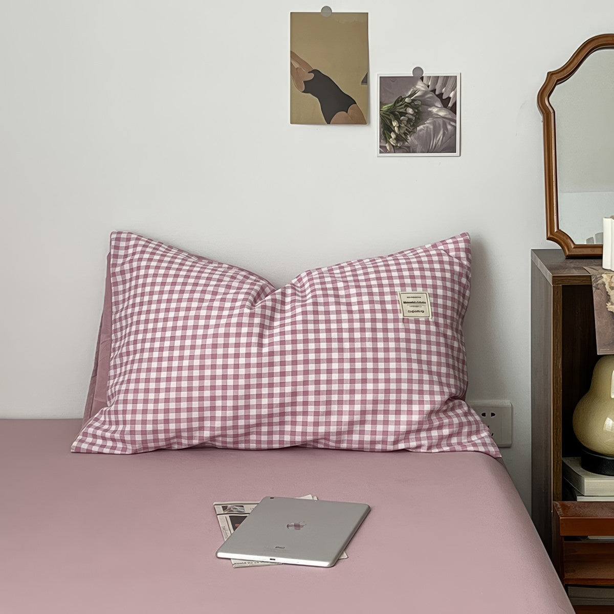 dusty purple classic gingham check pattern print aesthetic bedding duvet cover set
