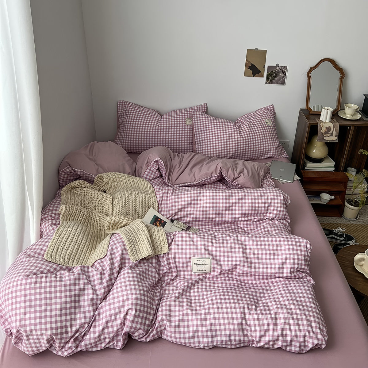 dusty purple classic gingham check pattern print aesthetic bedding duvet cover set