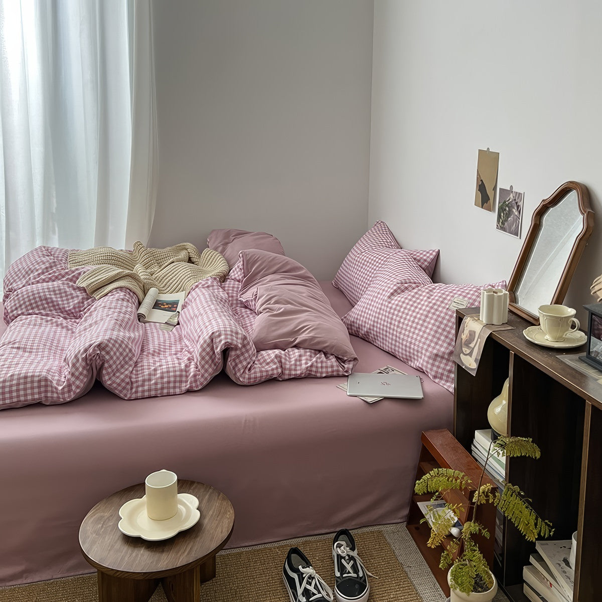 dusty purple classic gingham check pattern print aesthetic bedding duvet cover set