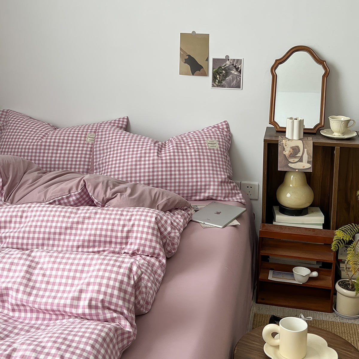 dusty purple classic gingham check pattern print aesthetic bedding duvet cover set