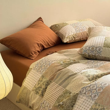 earthy aesthetic patchwork print vintage bedding duvet cover set