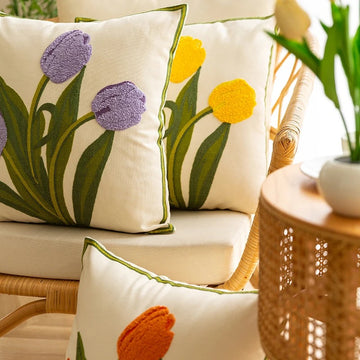Embroidered Colorful Tulips Cushion Cover