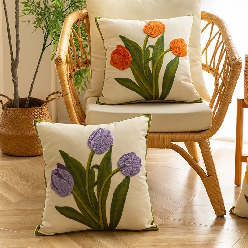 embroidered tulip cute cushion cover aesthetic room decor roomtery