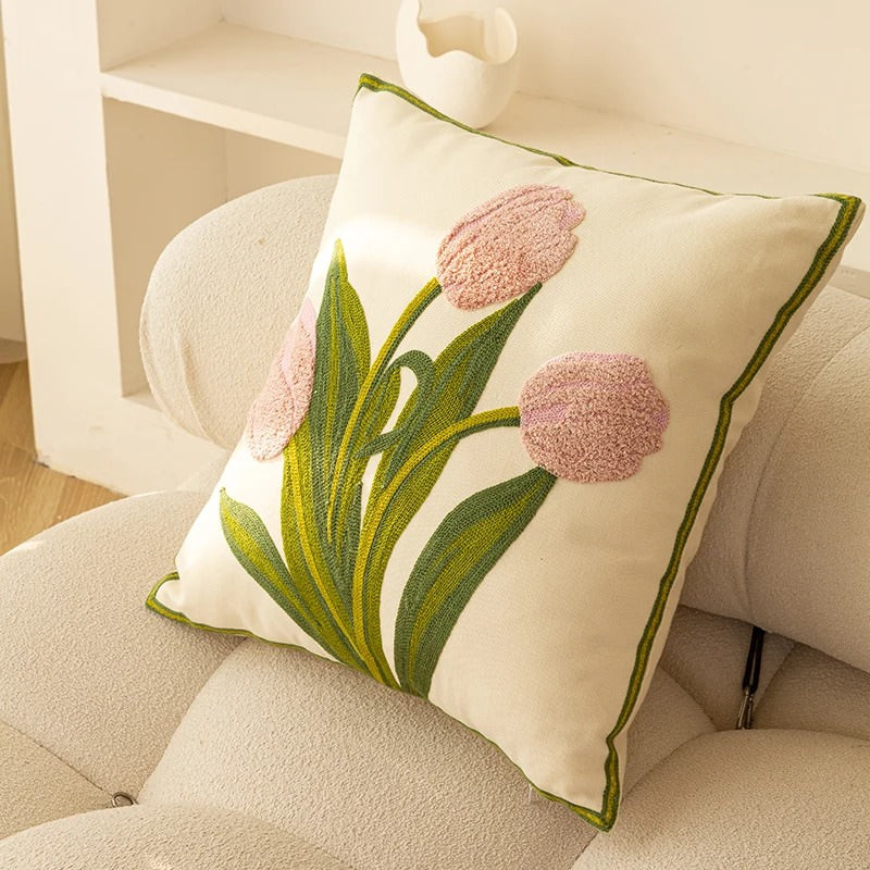 embroidered tulip cute cushion cover aesthetic room decor roomtery