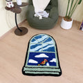 A tufted rug shaped like an arched window, displaying a blue sky with white clouds and a colorful bird on the sill