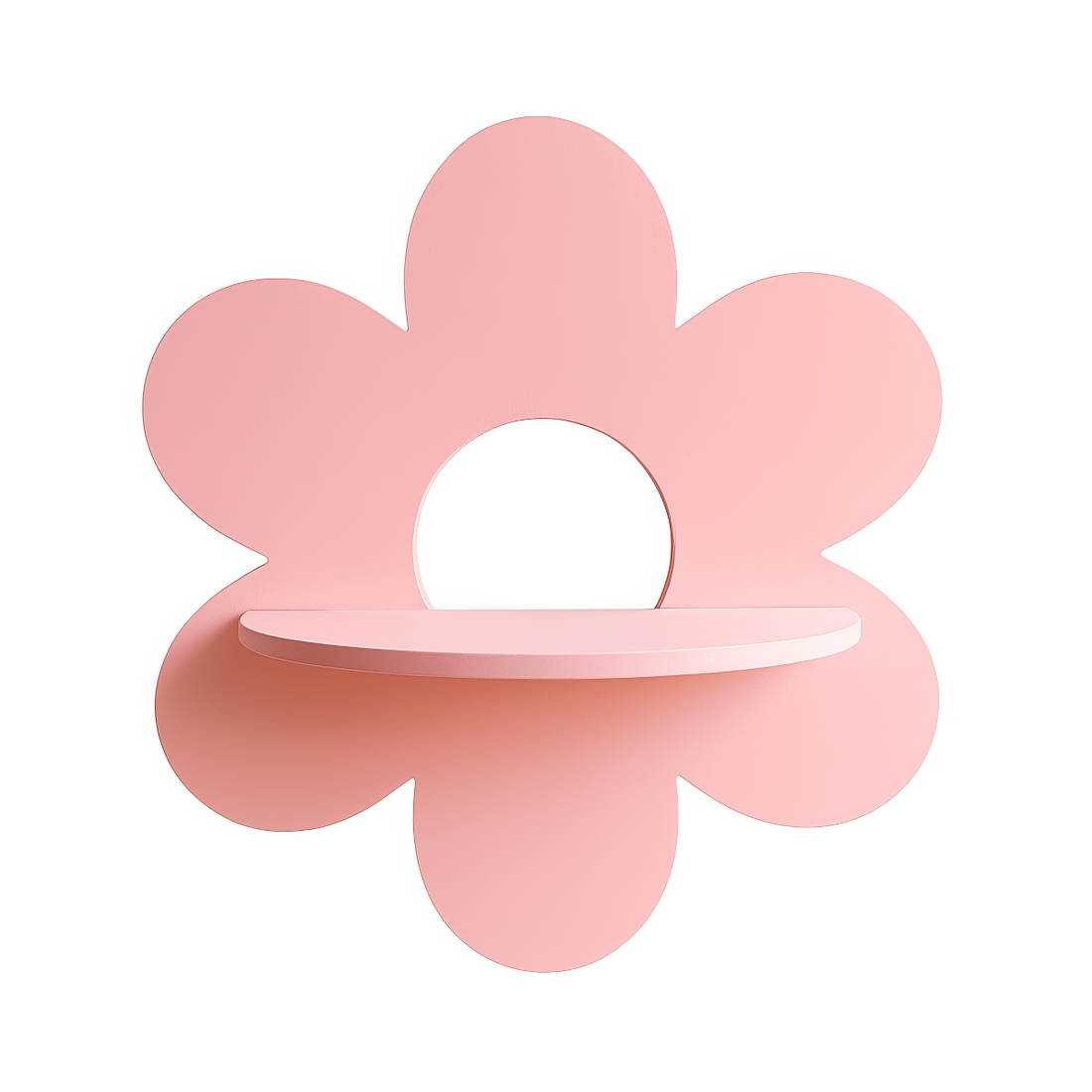 pink flower-shaped wall shelf with six rounded petals and a semi-circular shelf in the center