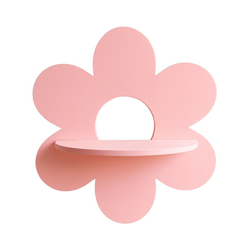 pink flower-shaped wall shelf with six rounded petals and a semi-circular shelf in the center