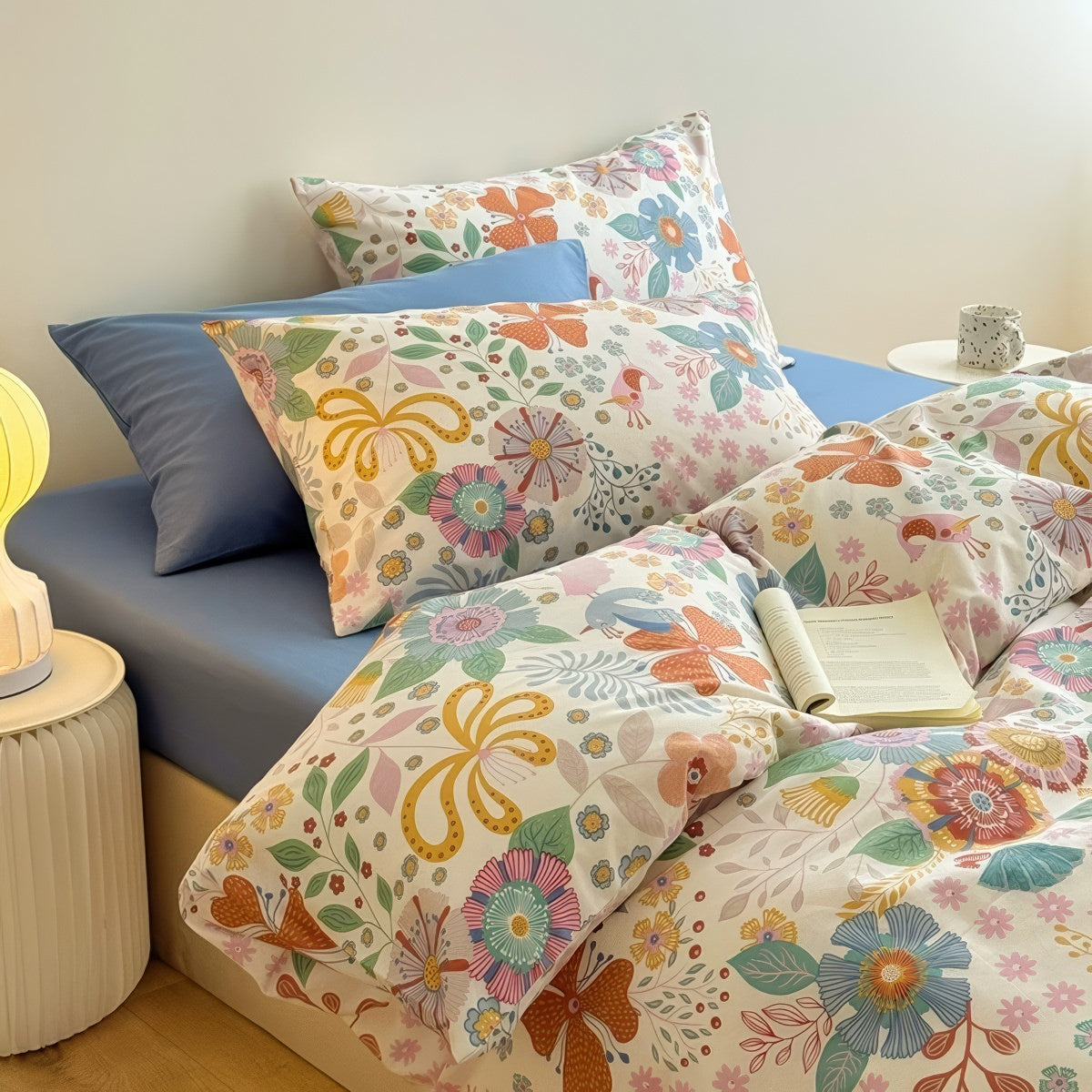 bedding set with funky flowers colorful print on a duvet cover and pillowcases