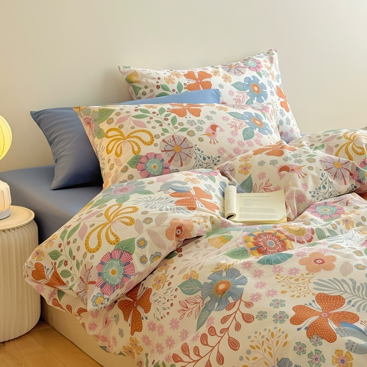 bedding set with funky flowers colorful print on a duvet cover and pillowcases