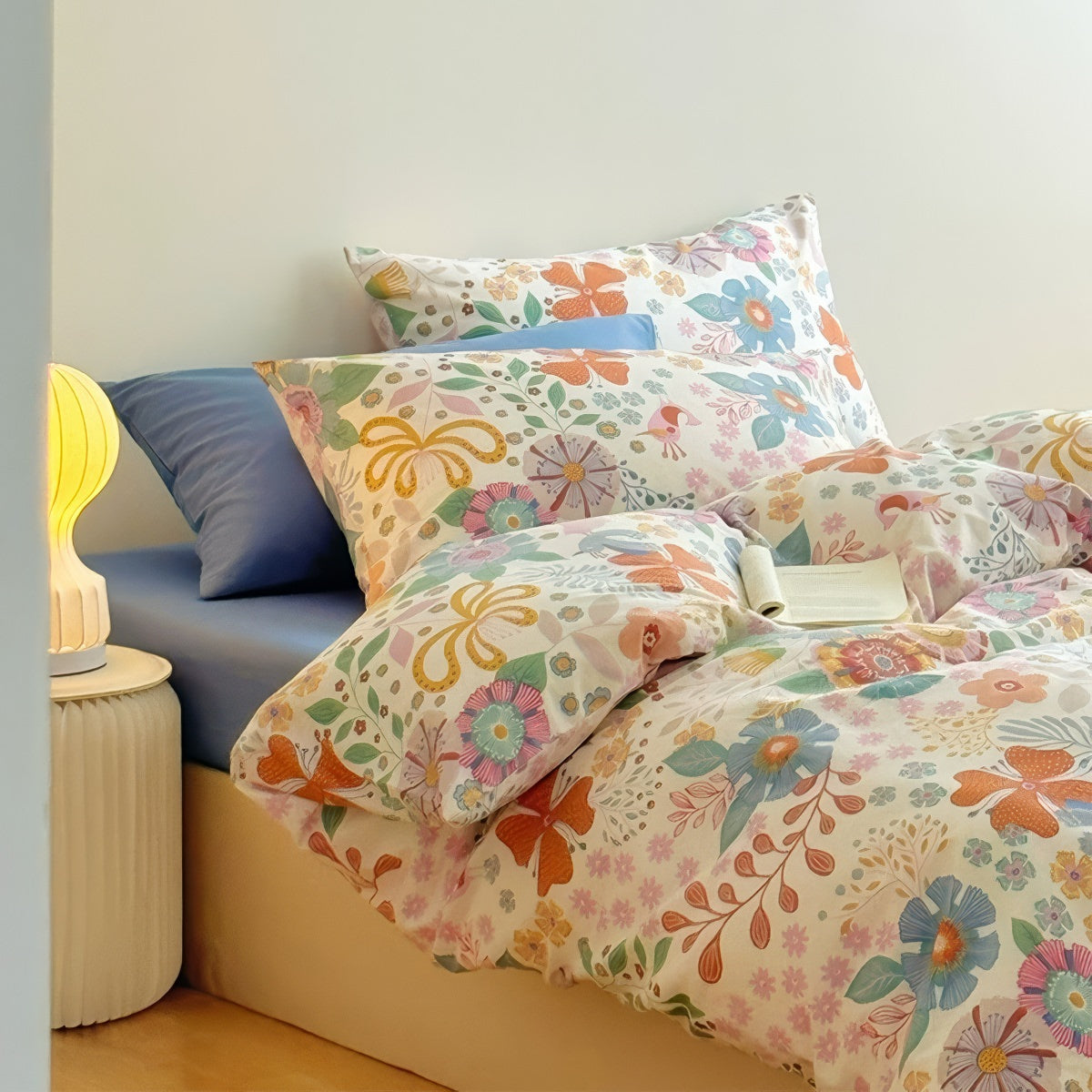 bedding set with funky flowers colorful print on a duvet cover and pillowcases