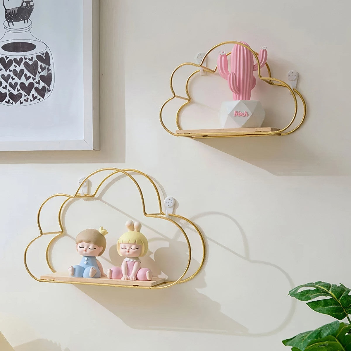 cloud shaped wall shelf made of golden frame wire