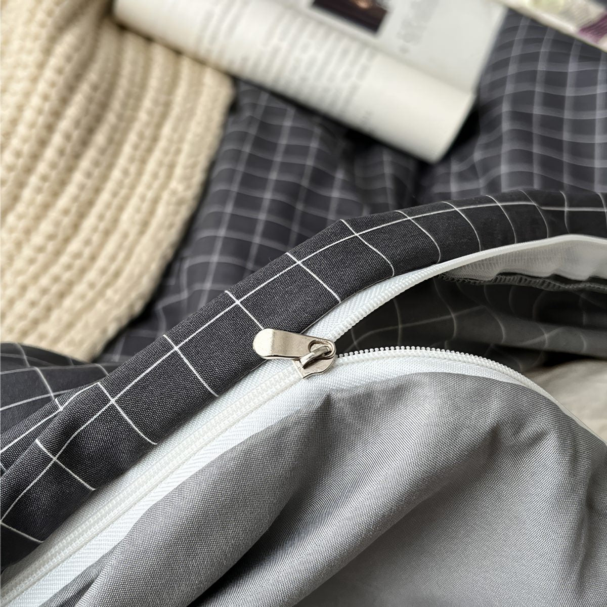 charcoal grey color minimalist aesthetic white grid pattern print duvet cover bedding set
