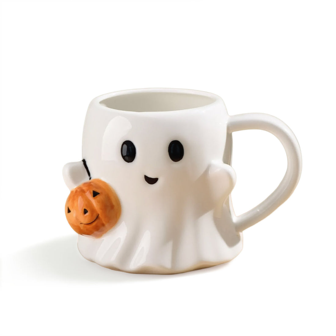 Ghost-shaped mug with a pumpkin halloween aesthetic