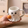 Ghost-shaped mug with a pumpkin halloween aesthetic
