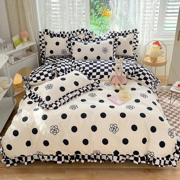 kawaii aesthetic black and white polka dot print with checkered ruffles bedding duvet cover set