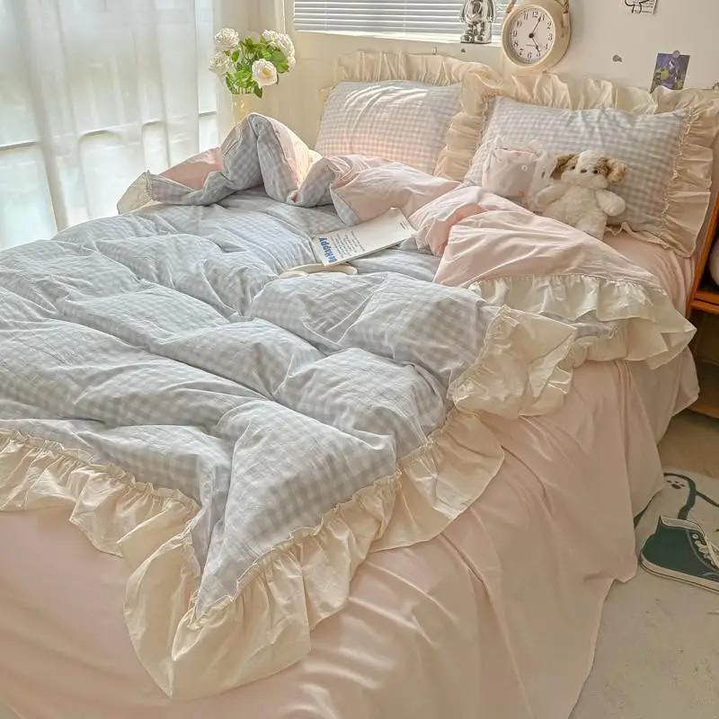 kawaii aesthetic pastel plaid ruffle duvet cover bedding set roomtery