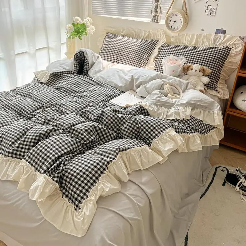 kawaii aesthetic pastel plaid ruffle duvet cover bedding set roomtery