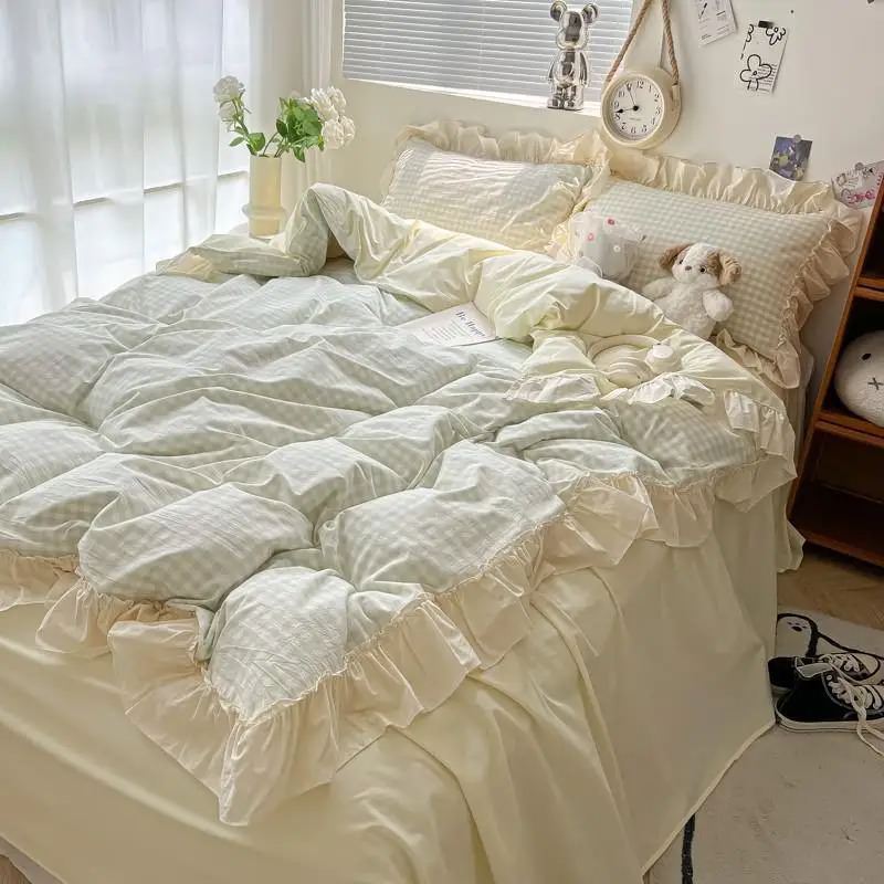 kawaii aesthetic pastel plaid ruffle duvet cover bedding set roomtery