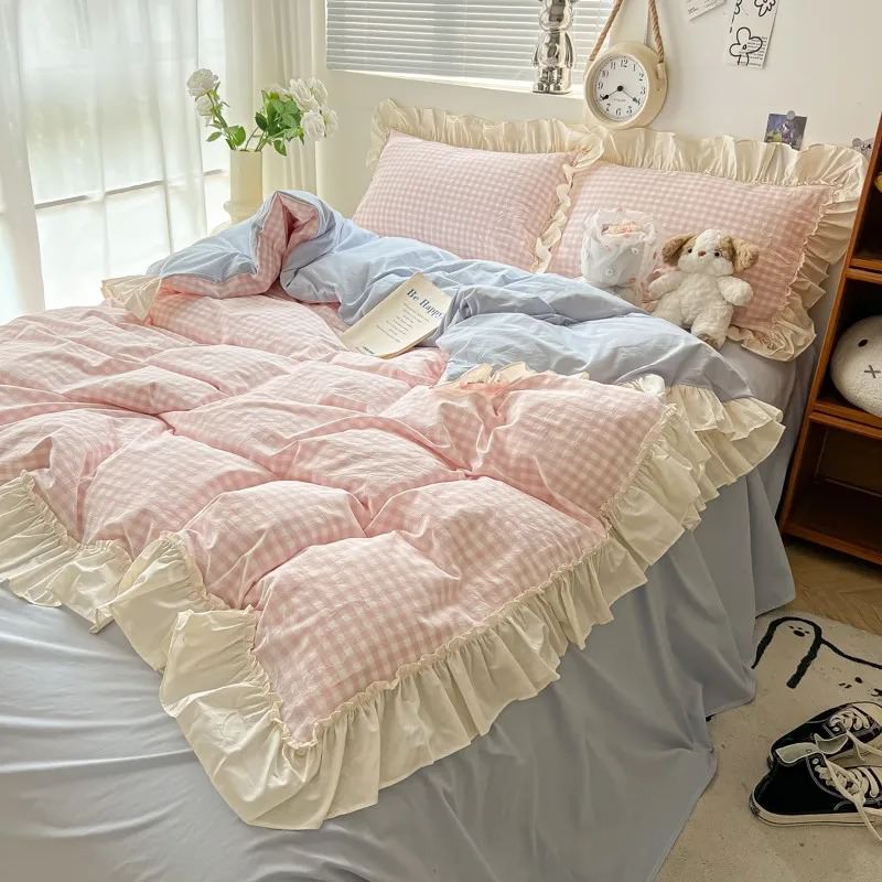 kawaii aesthetic pastel plaid ruffle duvet cover bedding set roomtery