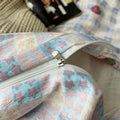 kawaii strawberry pastel checkered bedding with stars and strawberry print in dusty pink shades