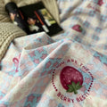kawaii strawberry pastel checkered bedding with stars and strawberry print in dusty pink shades